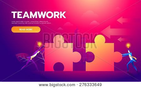 Business Teamwork Concept. Two Businessmen Connecting Puzzle Elements. Vector Illustration Flat Styl