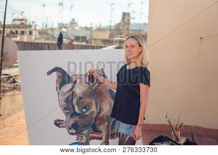 Young Woman Paint Artist Drawing At Home Roof