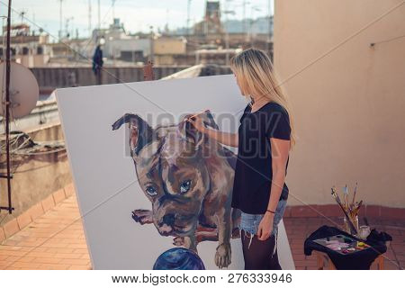 Young Woman Paint Artist Drawing At Home Roof