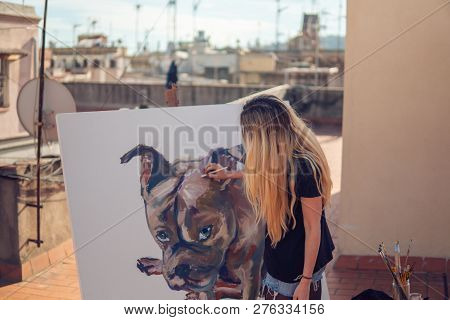 Young Woman Paint Artist Drawing At Home Roof