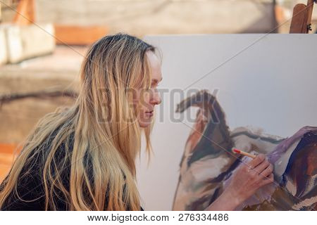 Young Woman Paint Artist Drawing At Home Roof