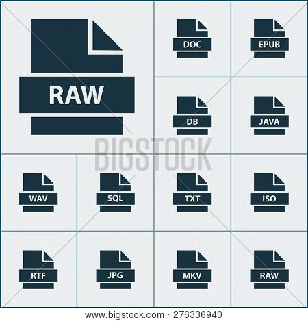 Types Icons Set With Sql, Organize, Rtf And Other Text Elements. Isolated  Illustration Types Icons.