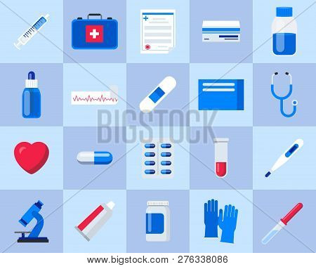 Set Of Health Care And Medicine. Medical And Pharmaceutical Preparations And Drugs. Medicine Bottle 