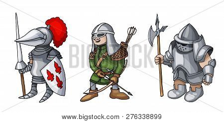 Cartoon Colored Three Medieval Knights Prepering For Knight Tournament