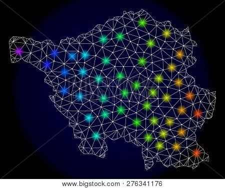 Mesh Vector Map Of Saarland State With Glare Effect. Light Spots Have Bright Spectrum Colors. Abstra