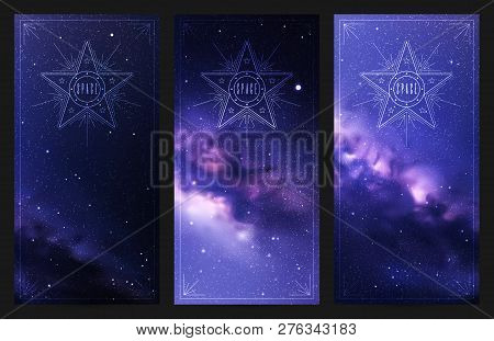 Set Of Vertical Banners With Night Starry Sky And Milky Way. Space Dark Background With Fragment Of 