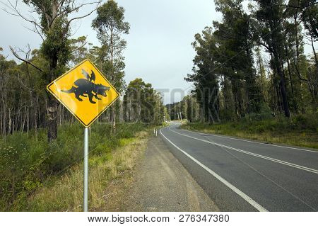 Tasmanian Devil Crossing Road Sign To Warn The Drivers On The Way.