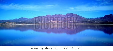 Panorama Mountain And Reflections Of Mountain In Roosevelt Lake Central Arizona