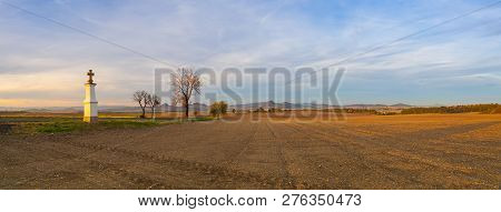 Small Chapel At Sunset. Sunset In Central Bohemian Upland, Czech Republic. Panorama Image.