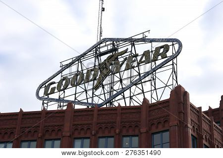 Akron, Ohio/usa - December, 26: The Large Rooftop Sign Of The Old Goodyear Tire And Rubber Company I
