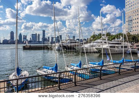 New York-september 7: A View Of Brookfield Place Marina And View Of Jersey City Nj Across The Hudson