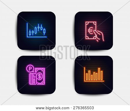 Neon Set Of Candlestick Graph, Finance And Parking Payment Icons. Bar Diagram Sign. Finance Chart, E