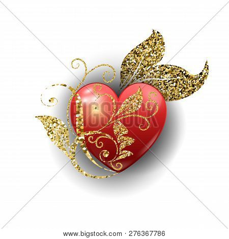 Vintage 3d Vector Love Heart. Floral Ornamental Glittery Design.