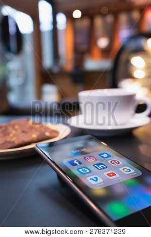 Chiang Mai, Thailand - May 09,2018: Man Holding Huawei With Icons Of Social Media On The Screen. Soc