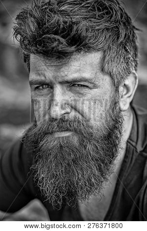 Man With Beard And Mustache, Close Up. Bearded Man On Serious Face Looks Sad And Troubled, Suffers F
