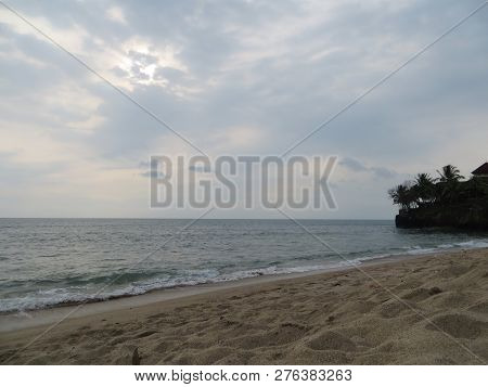Anyer, Indonesia - June 24, 2018: Background Of White Sandy Beach Of Sambolo Beach Anyer.