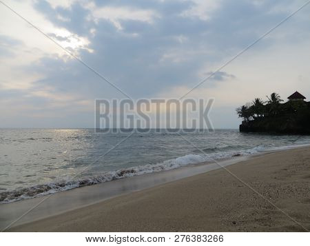 Anyer, Indonesia - June 24, 2018: Background Of White Sandy Beach Of Sambolo Beach Anyer.