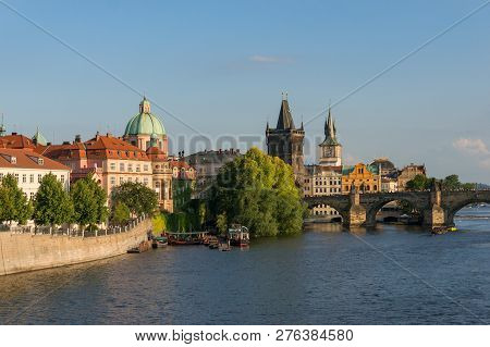 Picturesque View On Charles Bridge And Vltava River In Prague, Czech Republic