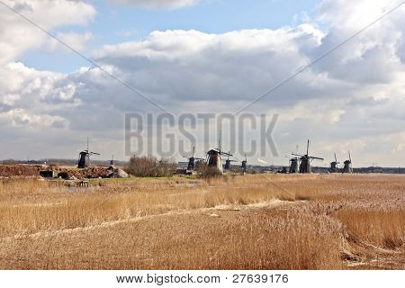 Ancient windmills at Kinderdijk in the Netherlands