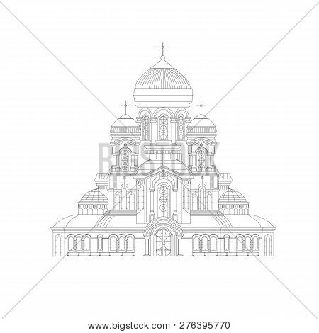 Christian Gothic Temple. Hand Drawn Sketch. Thin Line Ancient Column Temple Vector Illustration In O
