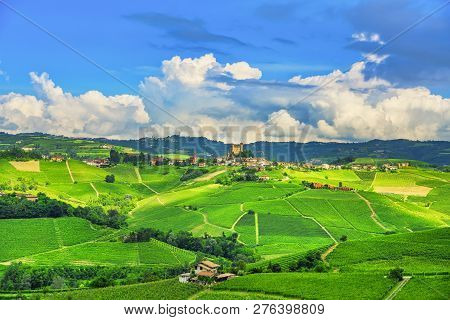 Langhe Vineyards Sunset Panorama, Serralunga D Alba, Unesco Site, Piedmont, Northern Italy Europe.