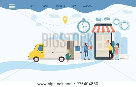 Landing Delivery Of Goods, Tracking Of Goods Online Tracker. Smartphone, Parcel Delivery Truck, Tiny