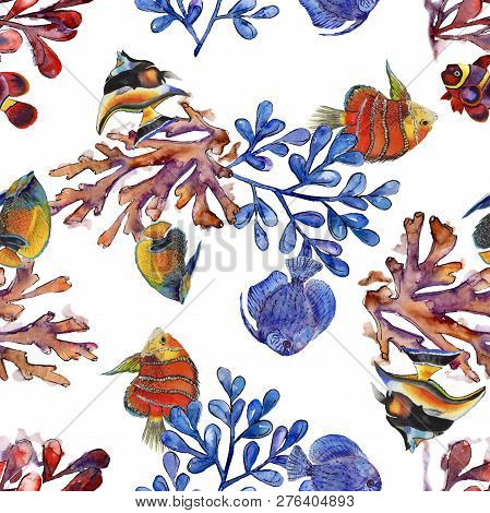 Watercolor Aquatic Underwater Colorful Tropical Fish Illustration Set. Seamless Background Pattern.