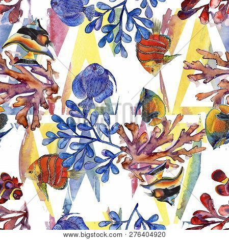 Watercolor Aquatic Underwater Colorful Tropical Fish Illustration Set. Seamless Background Pattern.