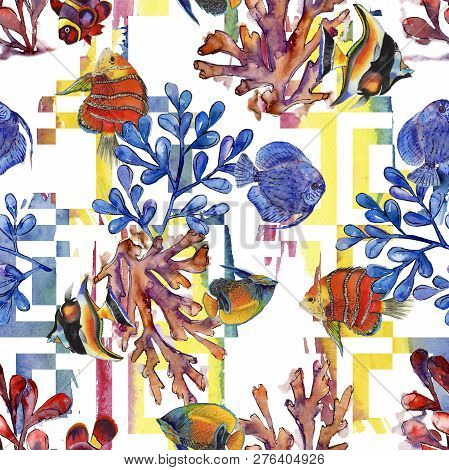 Watercolor Aquatic Underwater Colorful Tropical Fish Illustration Set. Seamless Background Pattern.
