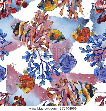 Watercolor Aquatic Underwater Colorful Tropical Fish Illustration Set. Seamless Background Pattern.