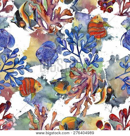 Watercolor Aquatic Underwater Colorful Tropical Fish Illustration Set. Seamless Background Pattern.