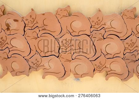 Ravello, Italy - June 16, 2017: Artistic Ceramic Cats For Sale In Ravello. A Small Charming Town On 
