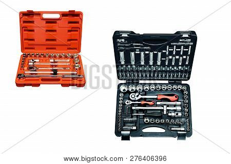 Two Sets Of Chromed Heads And Holders In A Boxs On A White Background