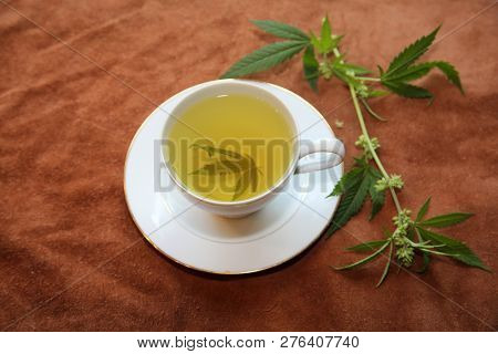 Marijuana Tea. Hemp Tea. Cannabis Tea with a Marijuana Leaf and Stem with Flowers and Leaves on a leather background.  Room for text. 

