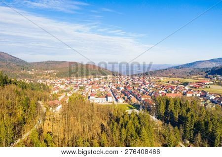 Croatia, Delnice, Gorski Kotar, Panoramic View Of Town Center From Drone In Winter, Mountain Landsca
