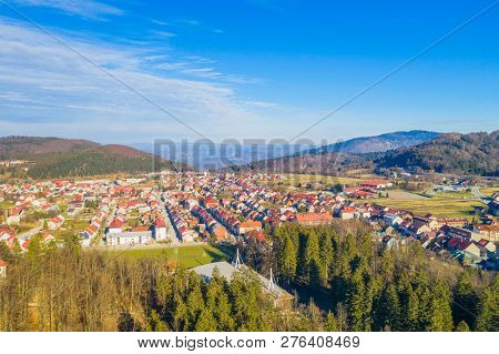 Croatia, Delnice, Gorski Kotar, Panoramic View Of Town Center From Drone In Winter, Mountain Landsca
