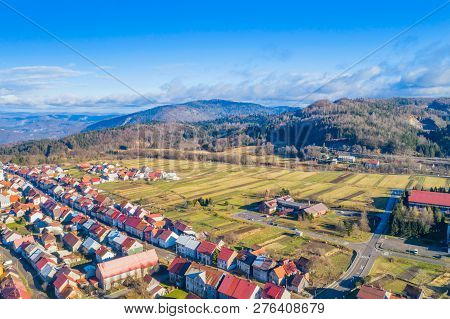 Croatia, Delnice, Gorski Kotar, Panoramic View Of Town Center From Drone In Winter, Mountain Landsca