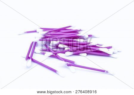 Pink Colored Cotton Coated Ear Buds Or Q-tips Isolated On White.