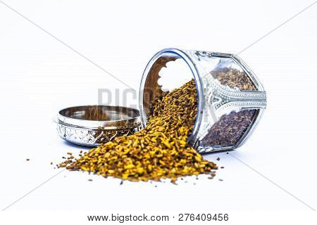 Close Up Of White Or Sliver Colored Shiny Container Used To Store Mukhwas  Or Mouth Freshing Snack I