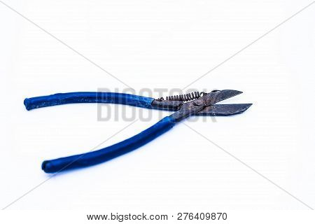 Close Up Of Pilers Isolated On White With A Blue Colored Handle.