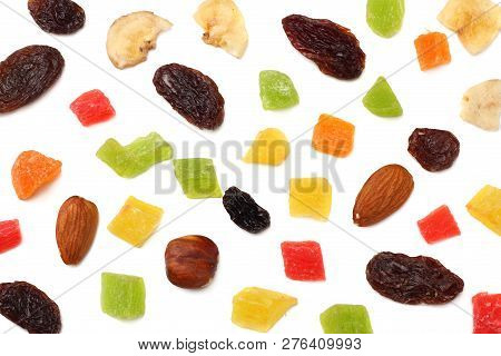 Candied Fruits Mix With Raisins, Almonds, Hazelnut. Muesli. Healthy Food. Fitness Food. Top View