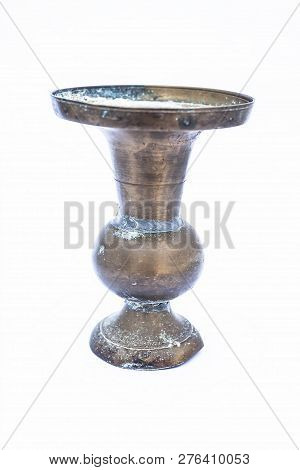 Close Up Of Old Ancient Vessel Or Utensil Or Container Or Isolated On White I.e. Chilamchi Or Chelam