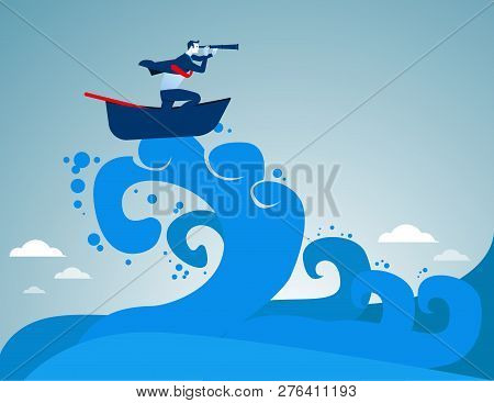 Surfing. Businessman Looking Success Amid The Waves