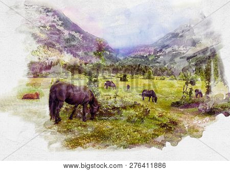 Horses Graze In The Valley Between The Mountains. Stylization Under Watercolor Drawing.