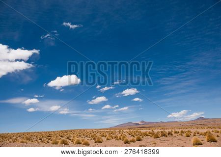 Sunshine desert field on mountanious background in Bolivia
