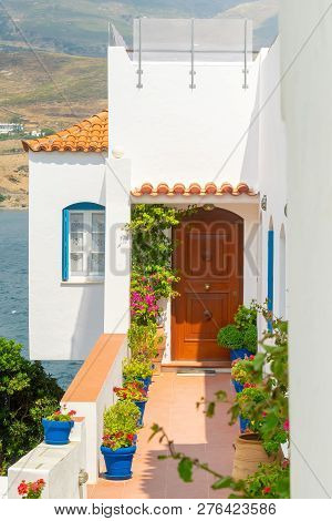 Andros, Greece 05 August 2018. Beautiful Traditional Colorful House At Andros Island In Greece.