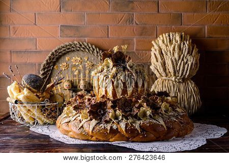 Karavay, Loaf Traditional Bread. Loaf With Floral Patern Of Flowers And Leaves. Ukrainian National T