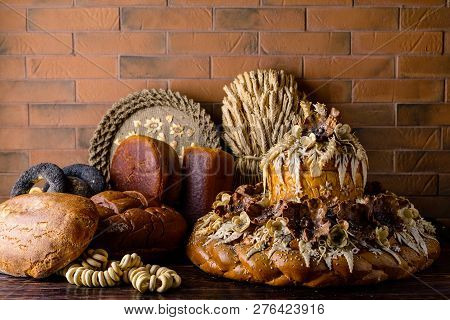 Karavay, Loaf Traditional Bread. Loaf With Floral Patern Of Flowers And Leaves. Ukrainian National T