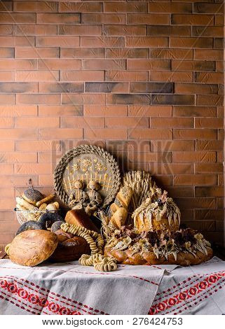 Karavay, Loaf Traditional Bread. Loaf With Floral Patern Of Flowers And Leaves. Ukrainian National T