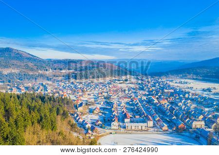 Croatia, Delnice, Gorski Kotar, Panoramic View Of Town Center From Drone In Winter, Mountain Landsca